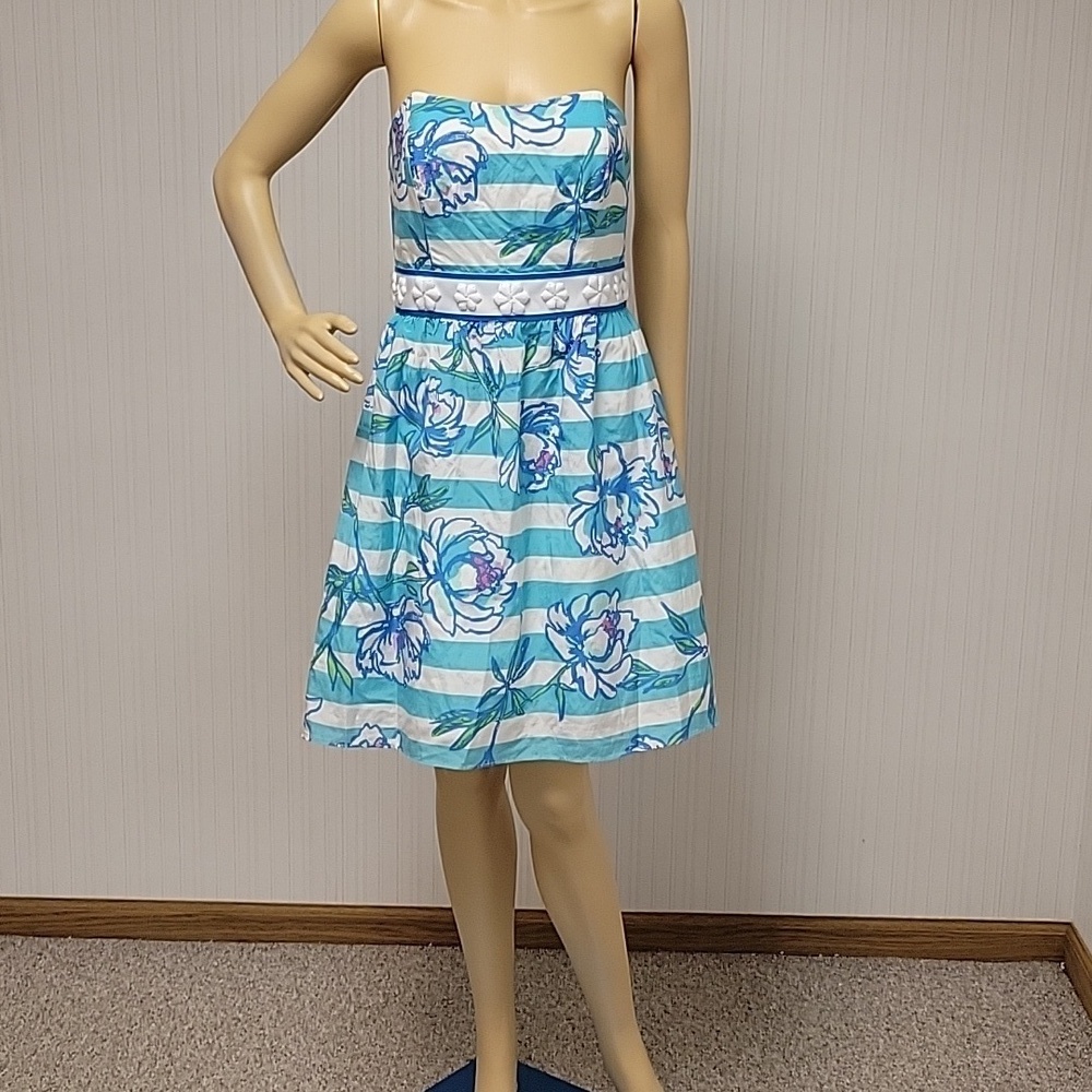 Lilly Pulitzer Langley Strapless Blue White Stripe Floral Dress 6 Coastal Preppy